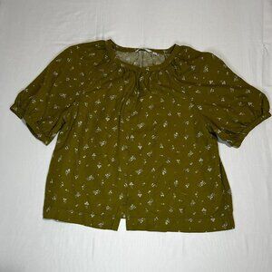Uniqlo Linen Blend Blouse Large Olive Green Floral Button Front Puff Sleeve